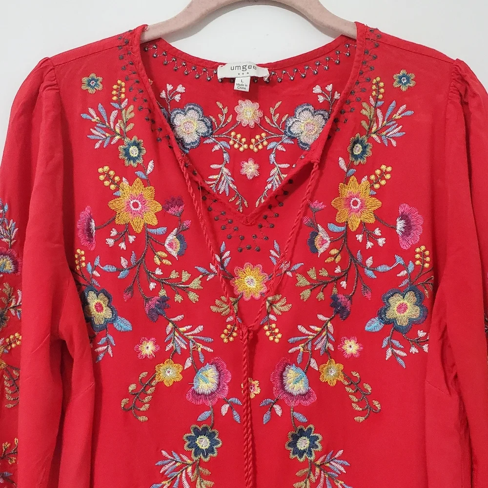 Umgee Boho Red Embroidered Tunic Top Large - Picture 4 of 9